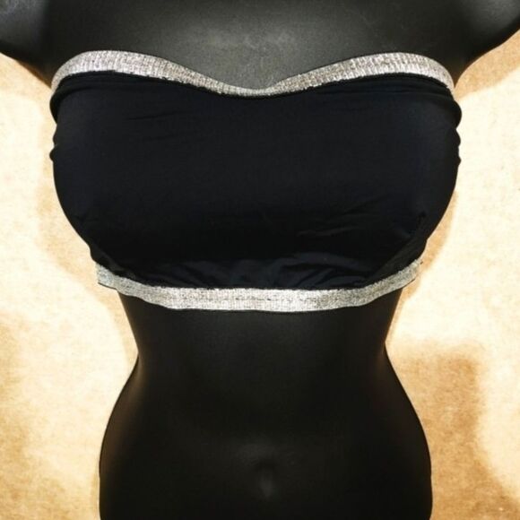Black Strapless Bandeau Bralette Top with Silver Trim #1 - Picture 4 of 6